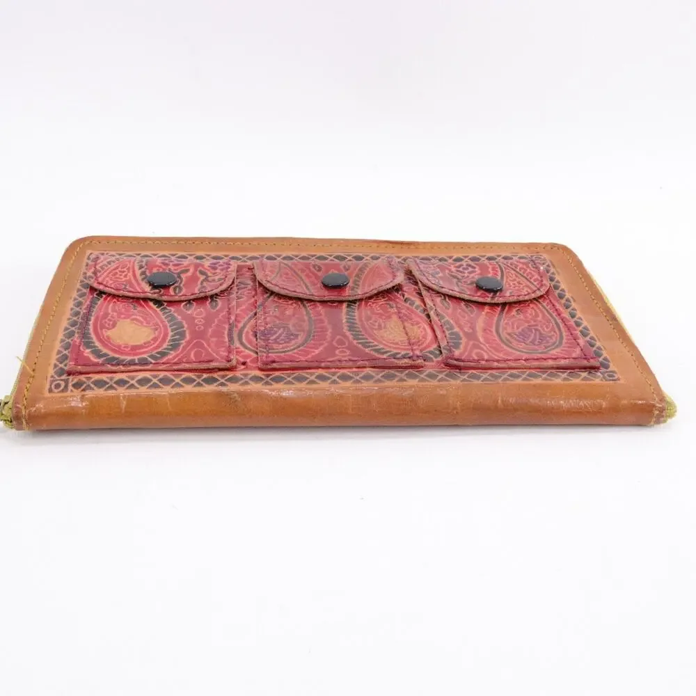 Bohemian Style Wallet Women Red Paisley Leather Tri Pocket Clutch Zip Cards